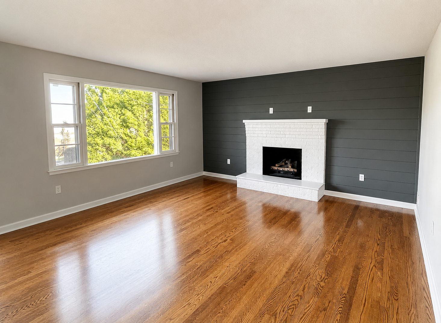 Living room with painted shiplap accent wall